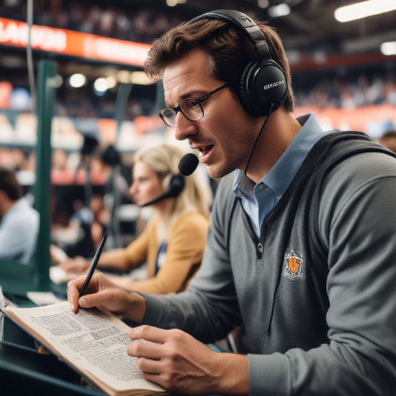 A commentator in a sports booth passionately narrating a game while flipping through a book for inspiration.