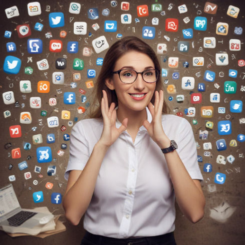 An author celebrates their book release, surrounded by social media icons and engagement metrics.