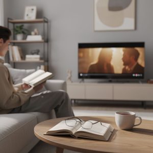 a lady reading at the sofa while a film is showing on the screen