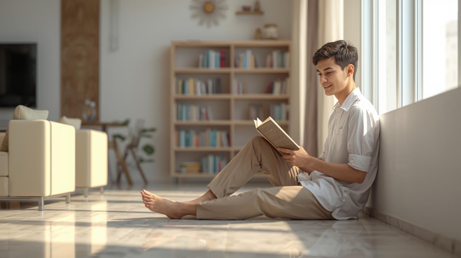 Young reader enjoying book in bright, spotless Jeddah living room.