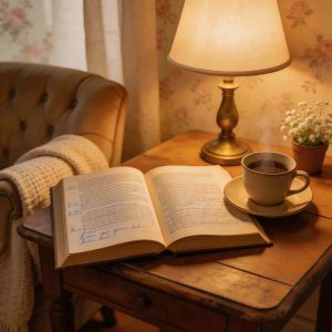 A cozy reading nook with an open book filled with handwritten notes in the margins, warm lighting, a cup of coffee nearby