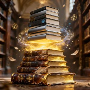 A stack of classic books transforming into modern versions with a glowing magical transition in a fantasy-inspired atmosphere.