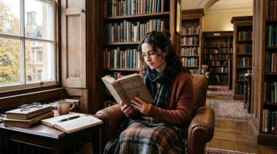 a person reading a classic novel in a warm library, surrounded by shelves of books, handwritten notes, and soft natural window lighting
