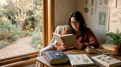 A person reading a science book beside a window, with books about astronomy, biology, and nature on a wooden desk
